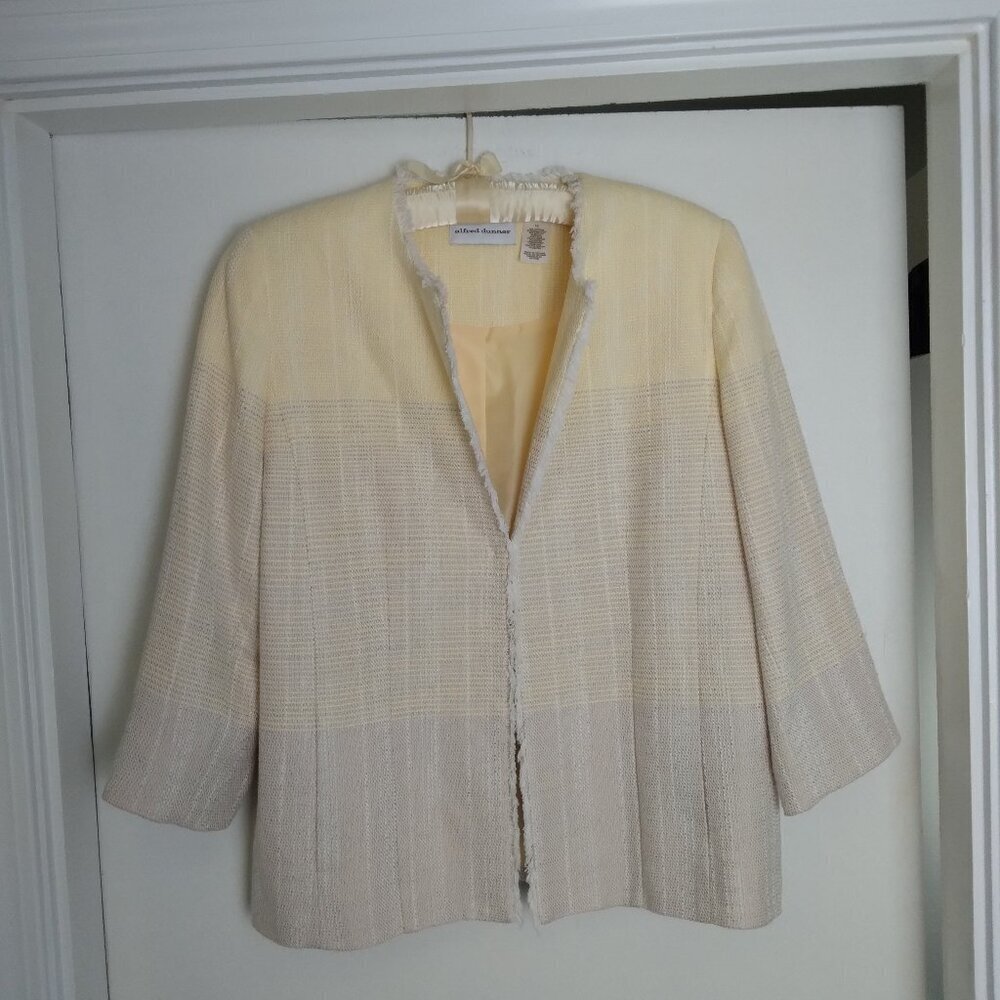 Butter Yellow & Beige Melange Plaid Tweed Jacket with Frayed Edges Sz10